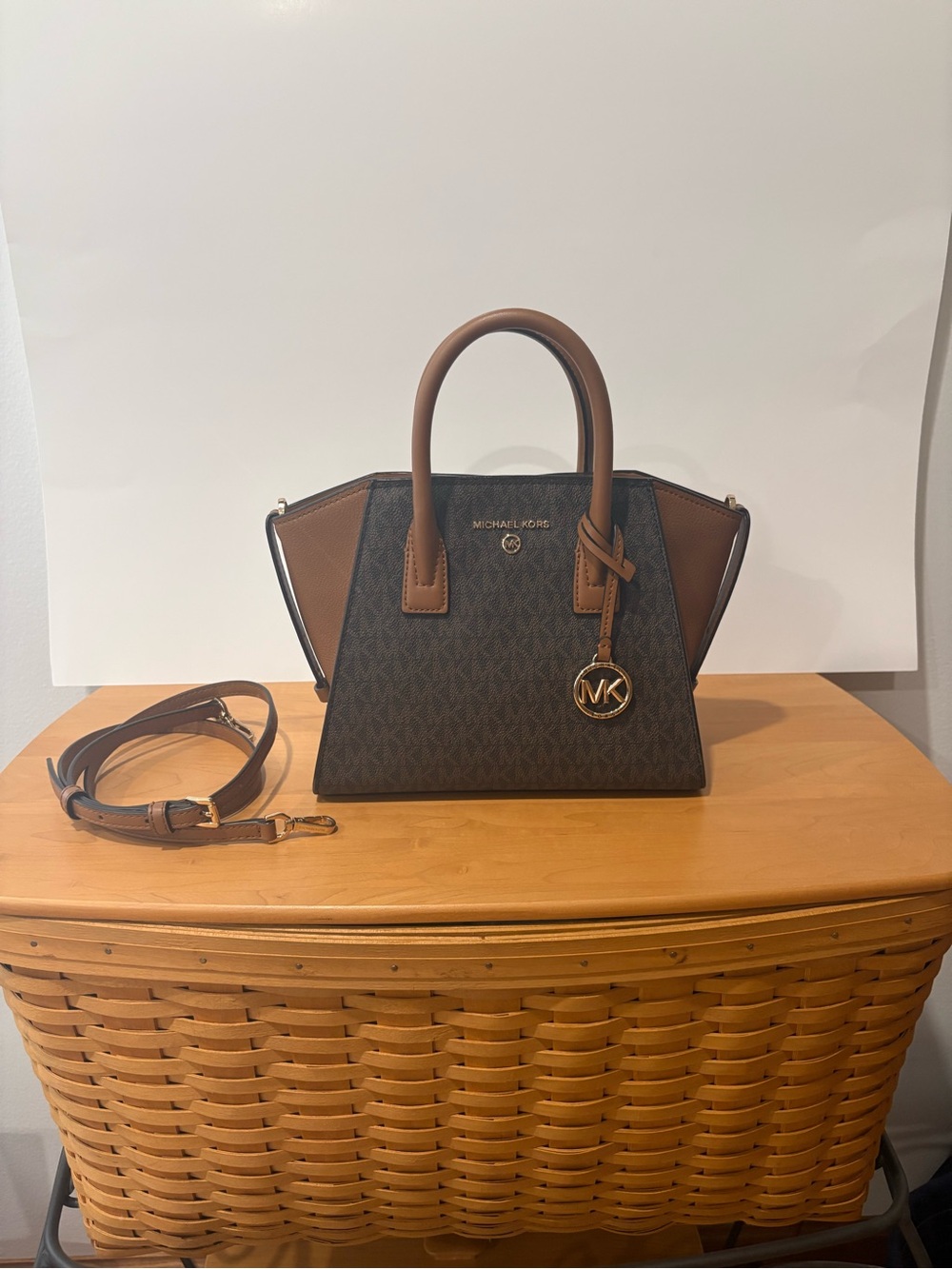 Small Avril Michael Kors Brown and Black Signature Satchel with Gold MK Charm